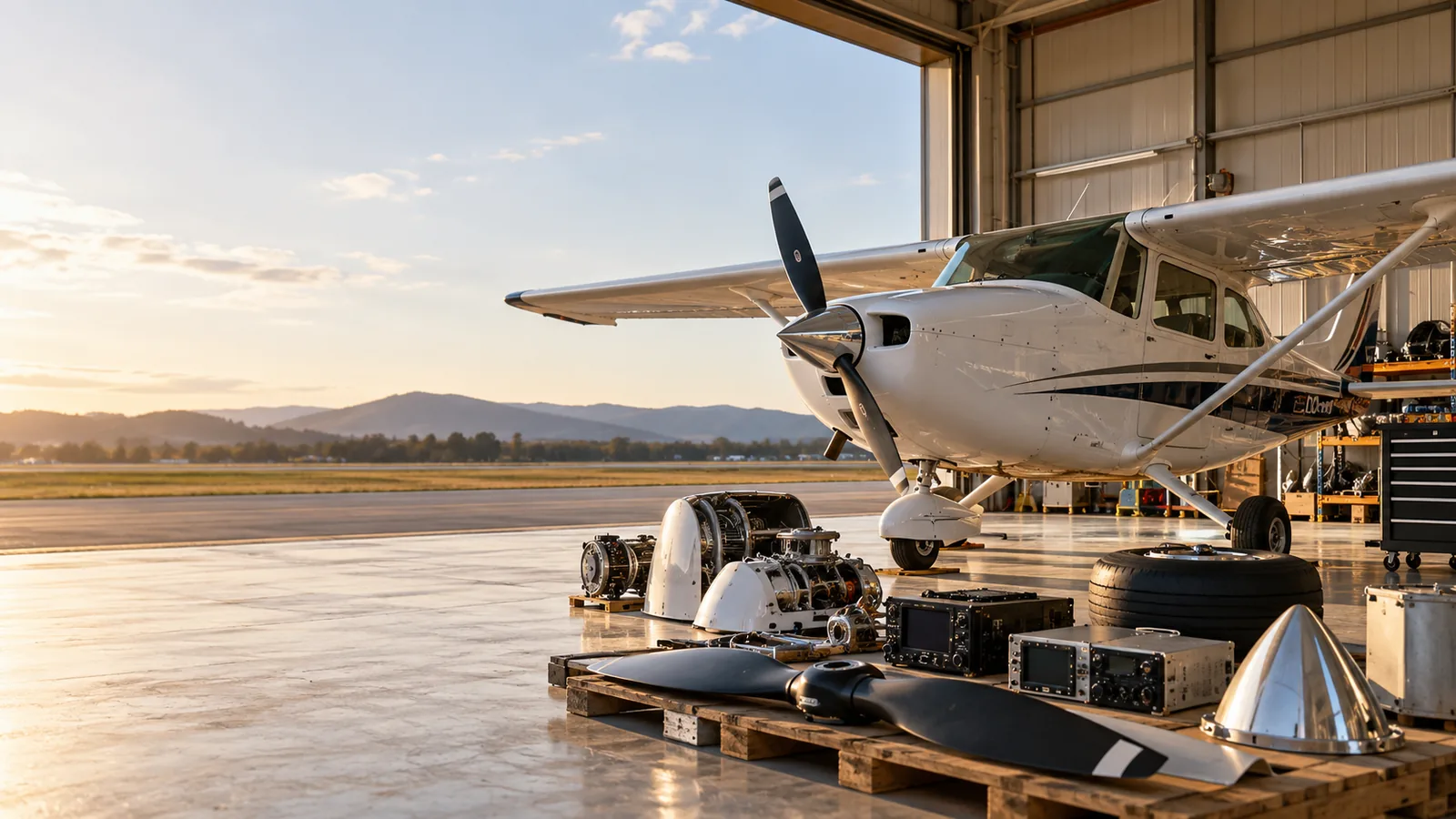 Un avion monomoteur à l’entrée d’un hangar et, devant lui, des pièces d’aéronef sur des palettes (moteur, hélice, instruments, roue), au coucher du soleil